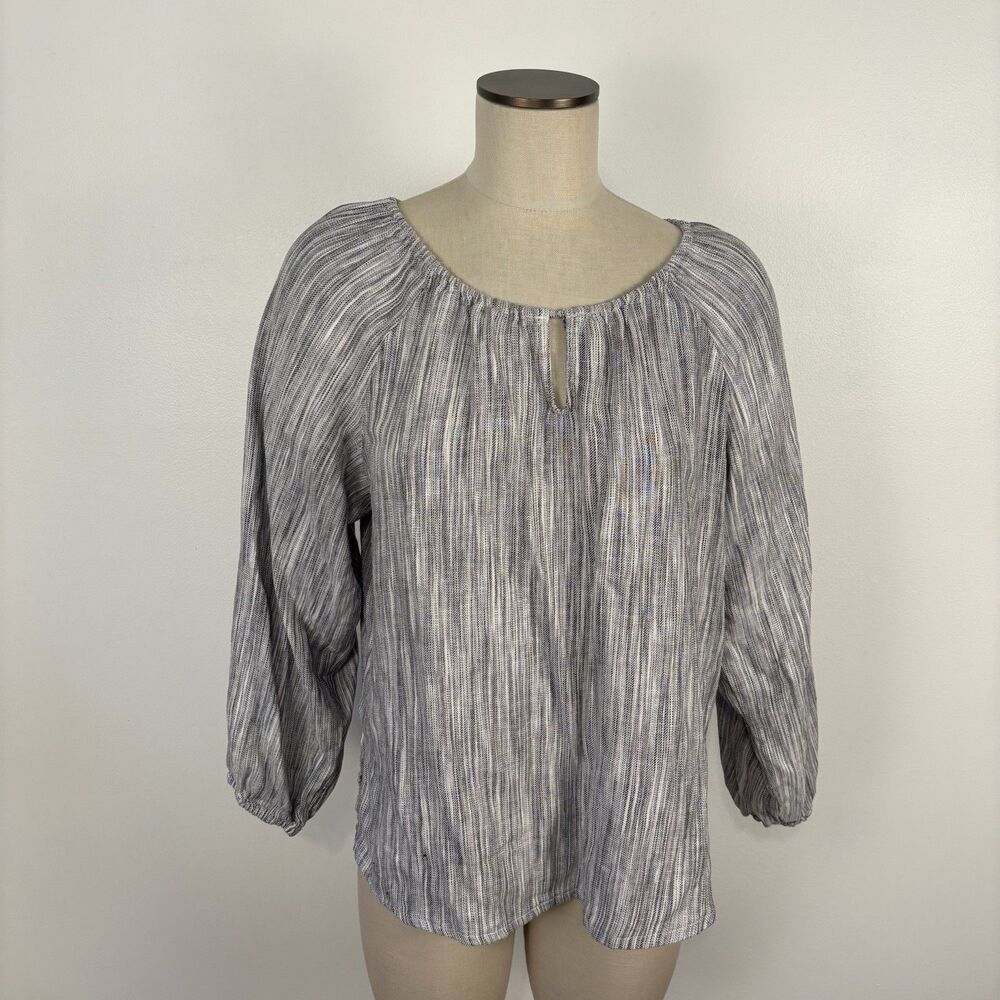 Boston Traders Women's Small Keyhole Linen Blend Blouse, Black/Gray Stripe